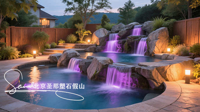 jimeng-2025-06-08-43-這是一座戶外景觀溫泉池。其造型設(shè)計獨特，以仿巖石形態(tài)構(gòu)建池壁，營造出自然的山石氛圍 ，搭配幾處小型瀑布，水流潺潺增添靈動之感。池內(nèi)有紫色燈光照明，營造出夢幻的....jpeg