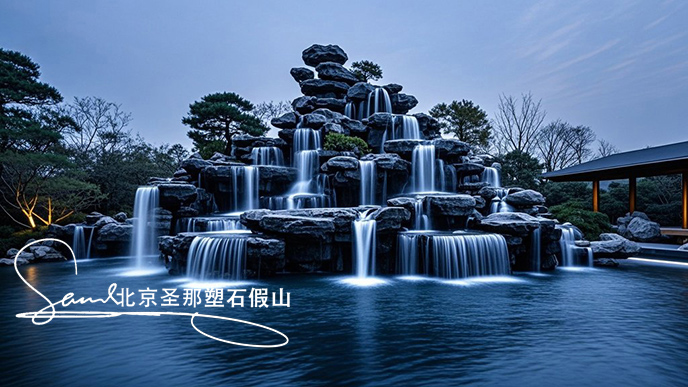 jimeng-2025-06-08-901-這是一處富有特色的天然千層石的假山，石頭是和太湖石一樣有自然橫向紋理，是用真正的天然假山石頭制作，能有明顯的凸凹。水流從上層緩緩流下，落入下層的石池中。背景....jpeg