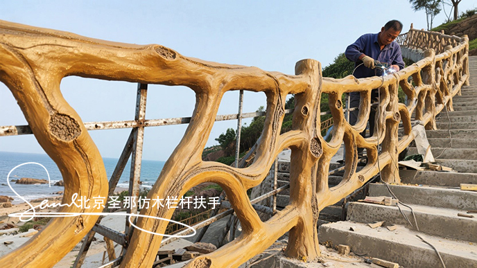 jimeng-2025-06-25-1413-正在施工制作的旅游區(qū)樓梯室外安全圍欄設(shè)計(jì)制作過程，美工正在施工制作，先用鋼筋焊接....jpeg
